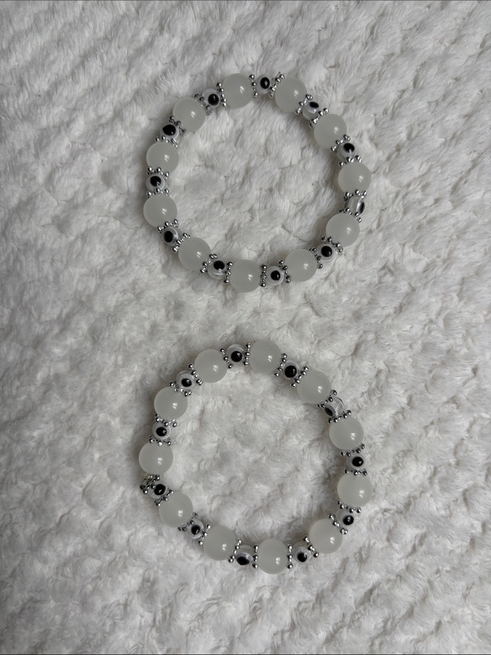 NWOT White Glass 10mm Beaded Stretch Bracelet With Evil Eye Beads - Set of 2